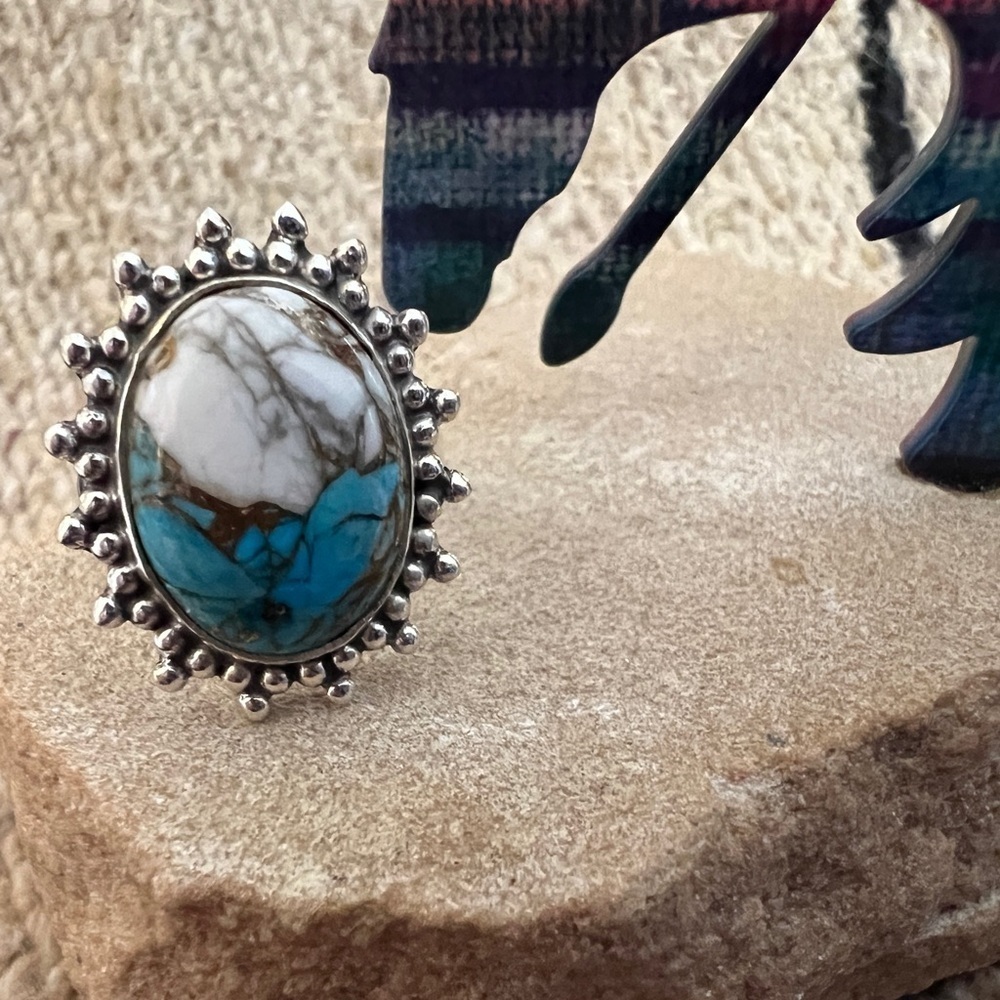 ❤️ Kingman Dahlia Turquoise 925 Navajo Southwestern Size 7.75 Ring 5.6 Gm - Picture 6 of 17